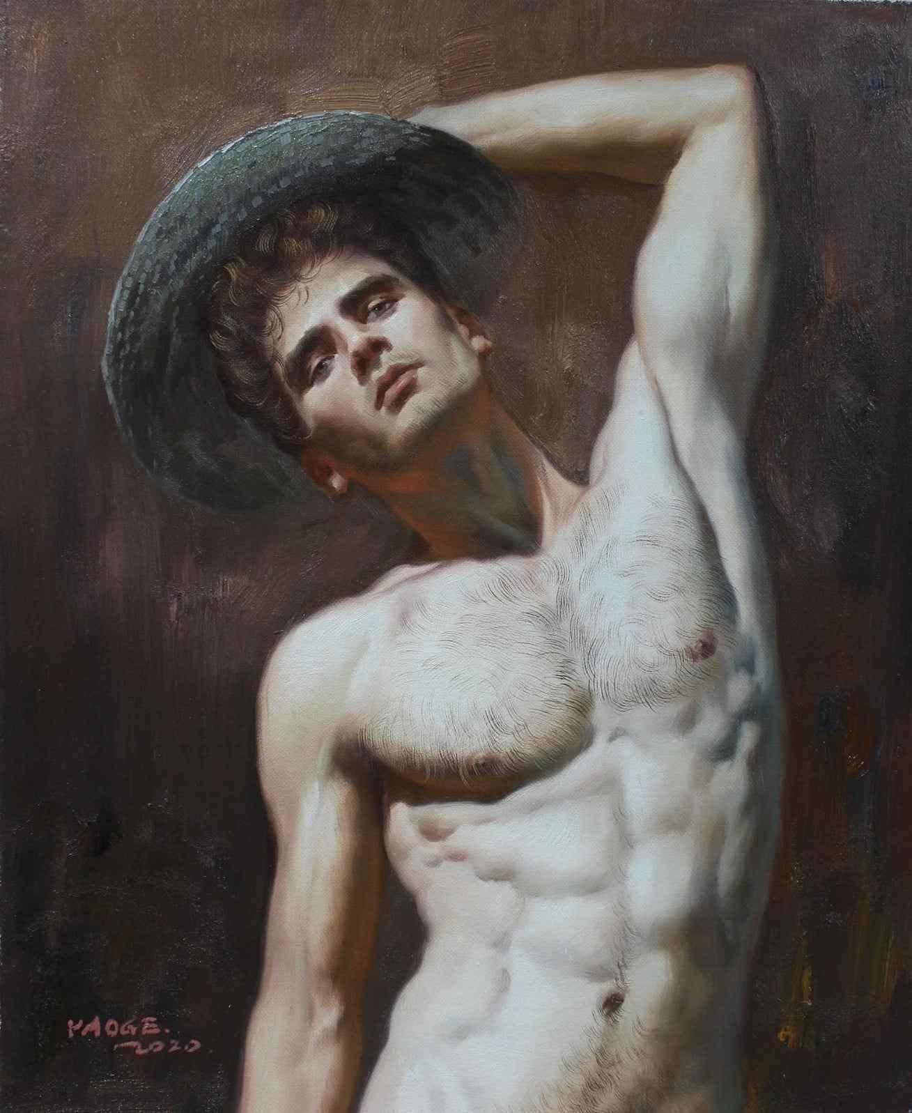 Portrait jeune homme nu avec chapeau