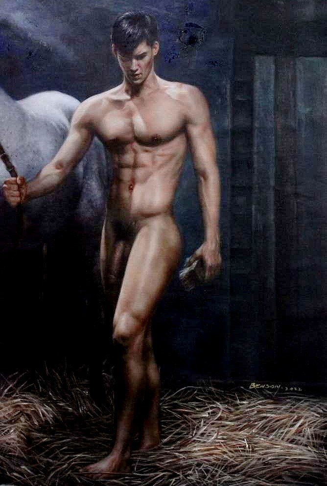 Portrait homme nu tenant son cheval par la bride