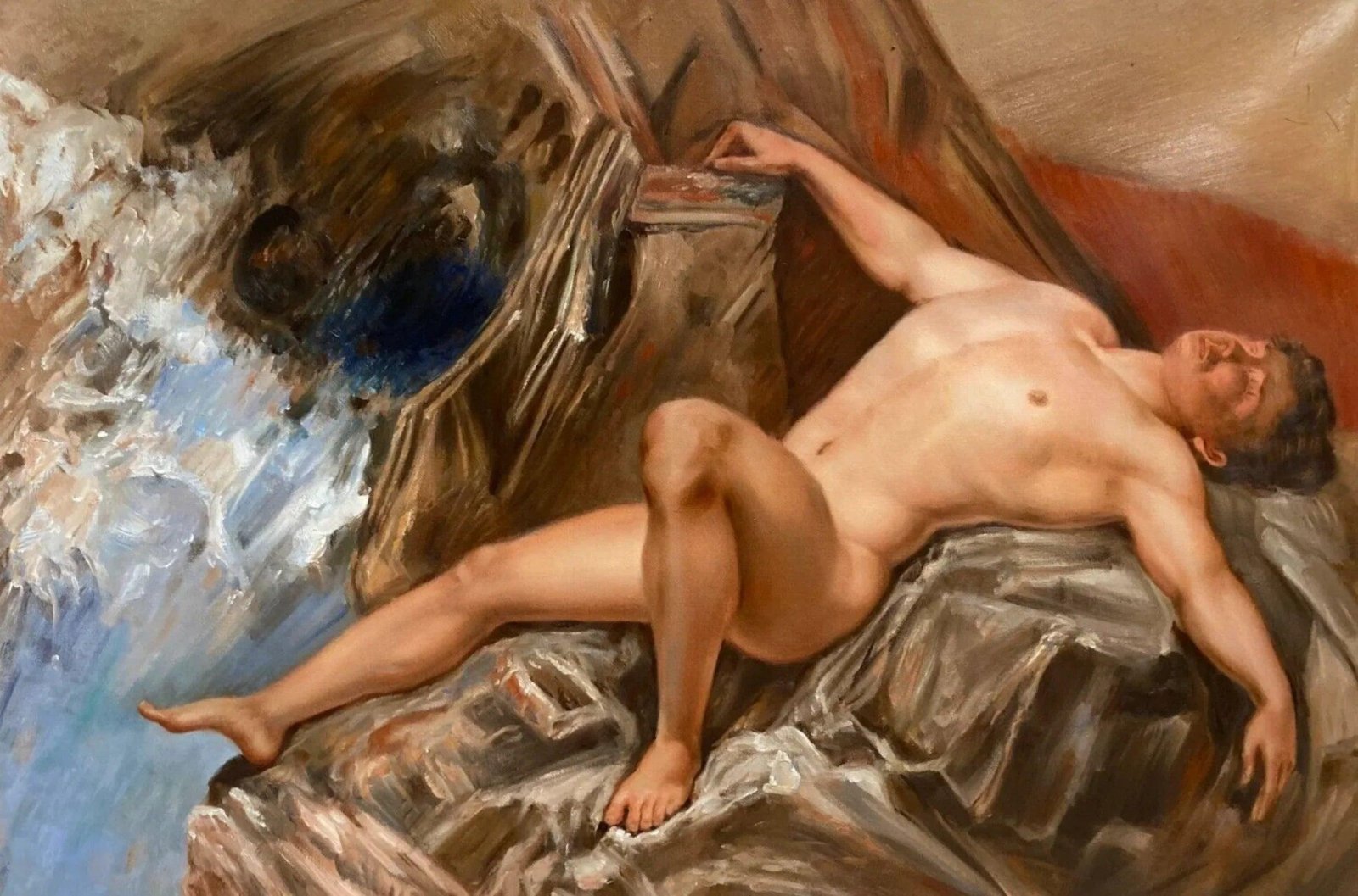 Portrait homme nu allongé sur rocher