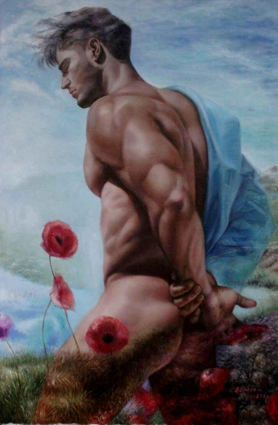 Portrait homme nu de dos à la campagne