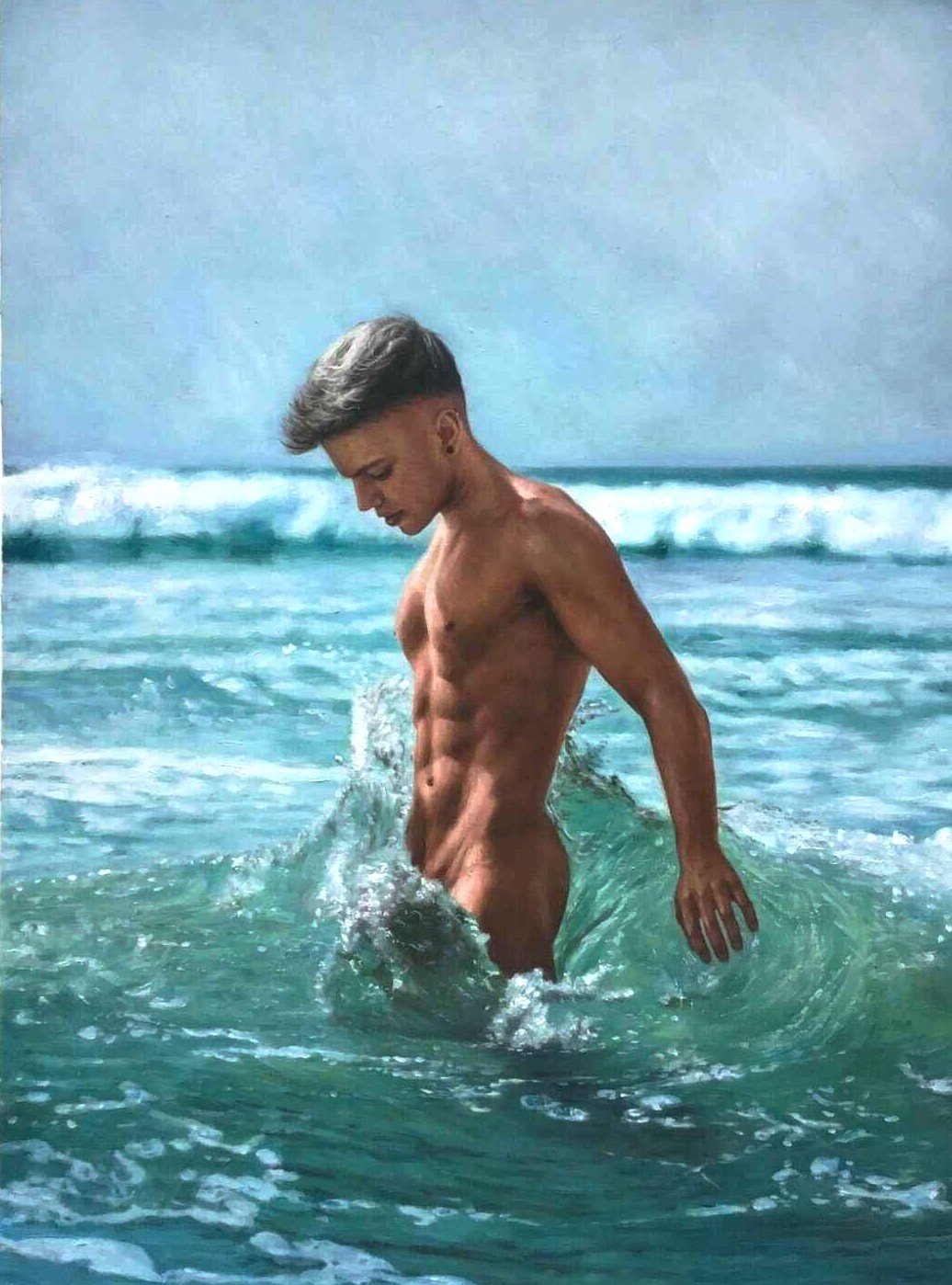 Portrait jeune homme nu dans les vagues