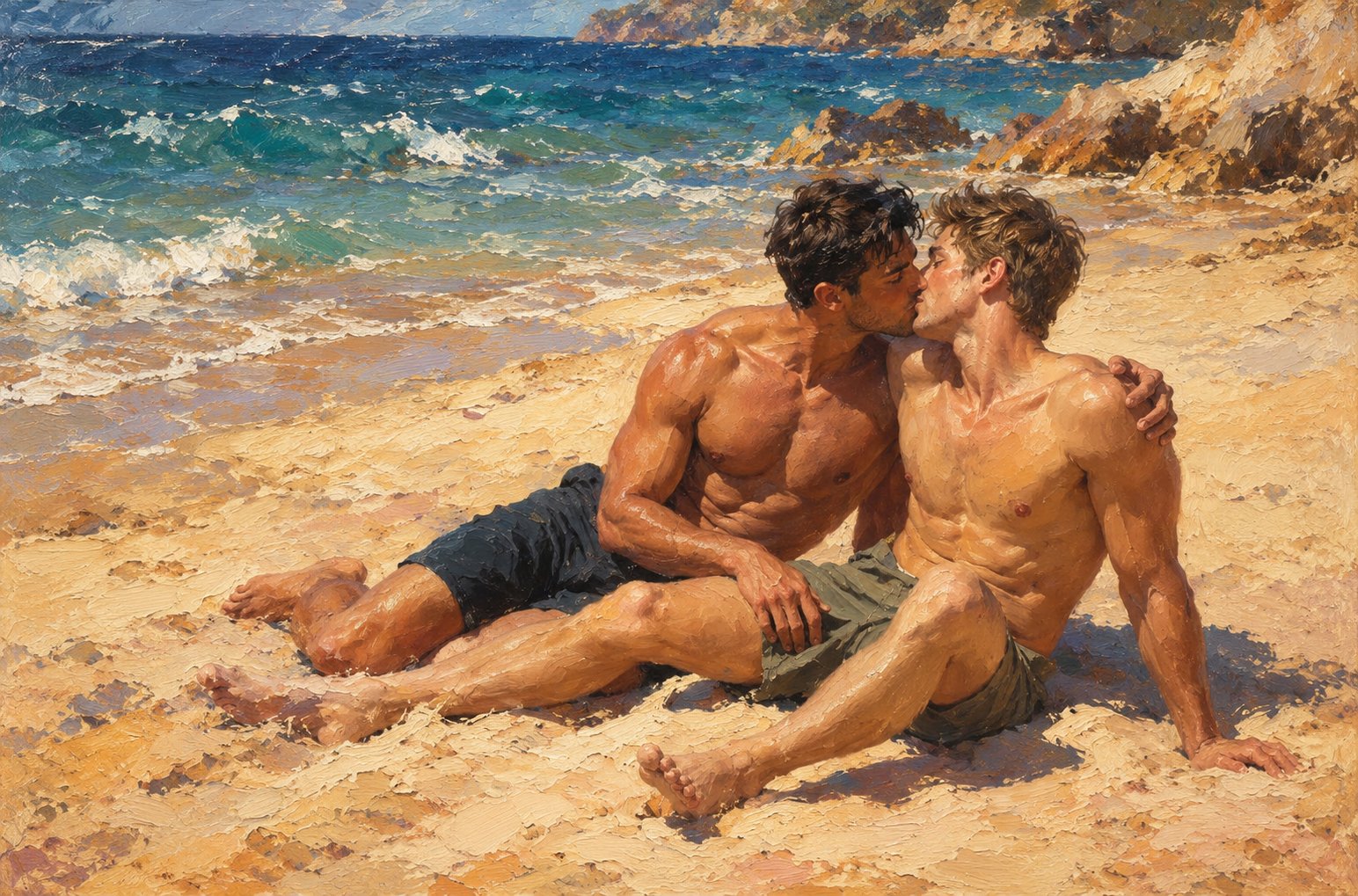 couple gay baiser amoureux sur la plage