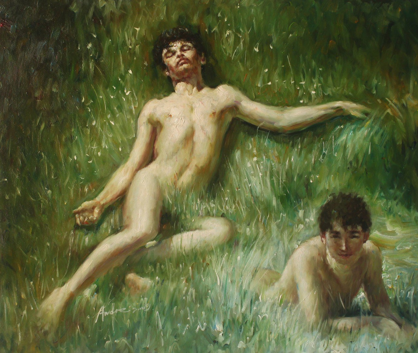 Scène garçons nus allongés sur l'herbe