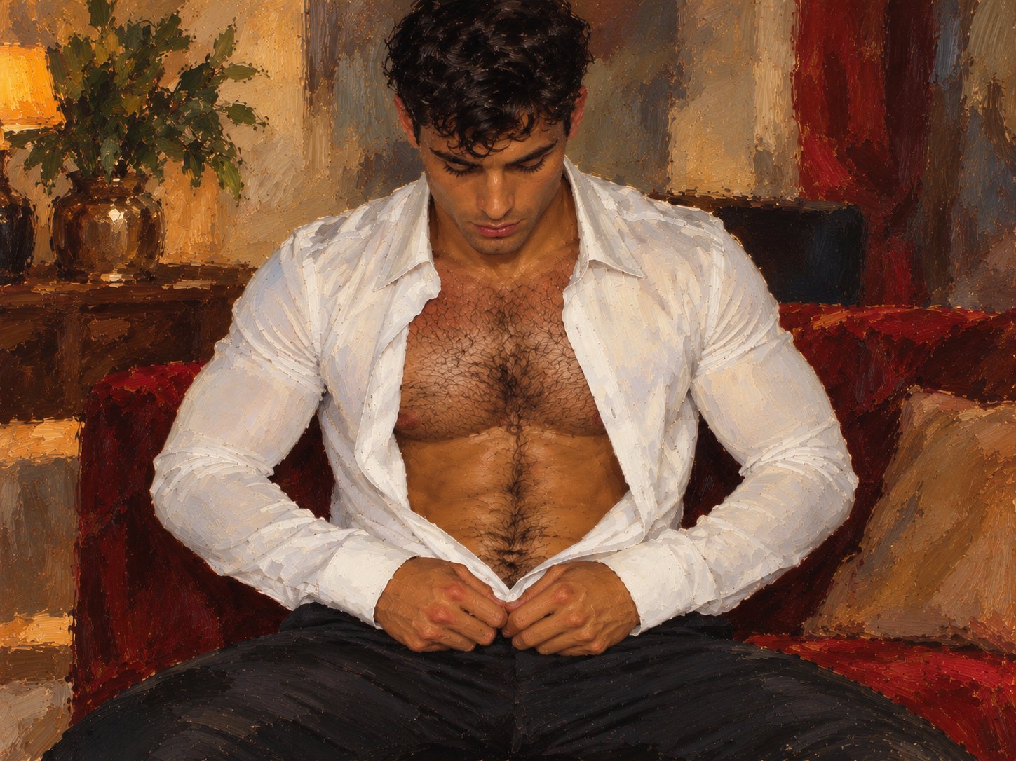 Portrait jeune homme chemise ouverte ambiance chaude