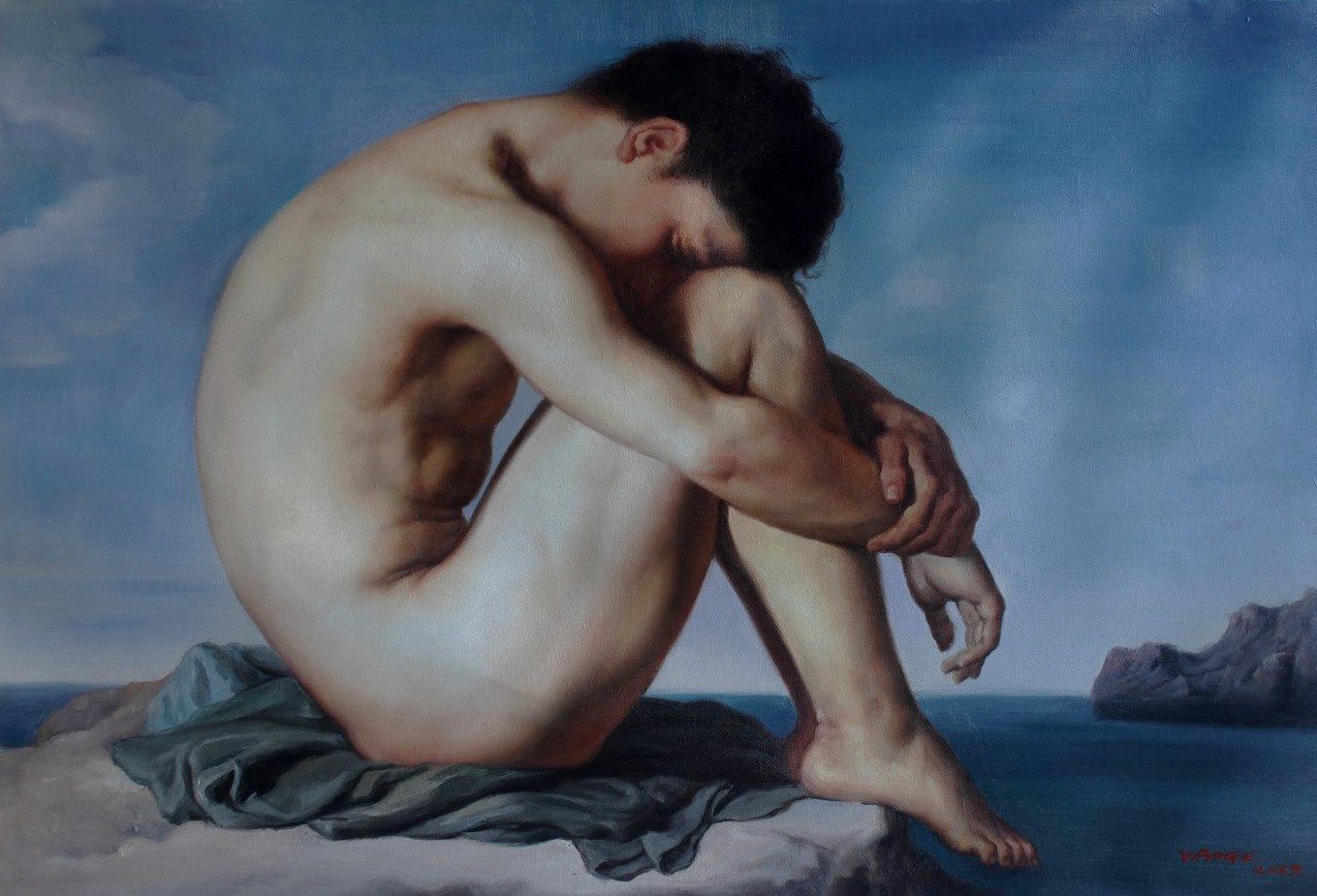 Portrait jeune homme nu assis au bord de la mer