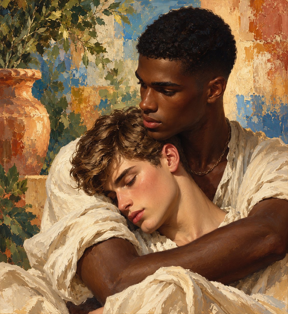 Portrait étreinte amoureuse interraciale gay