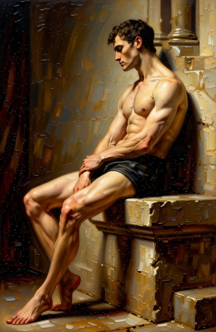 Portrait homme nu assis pensif