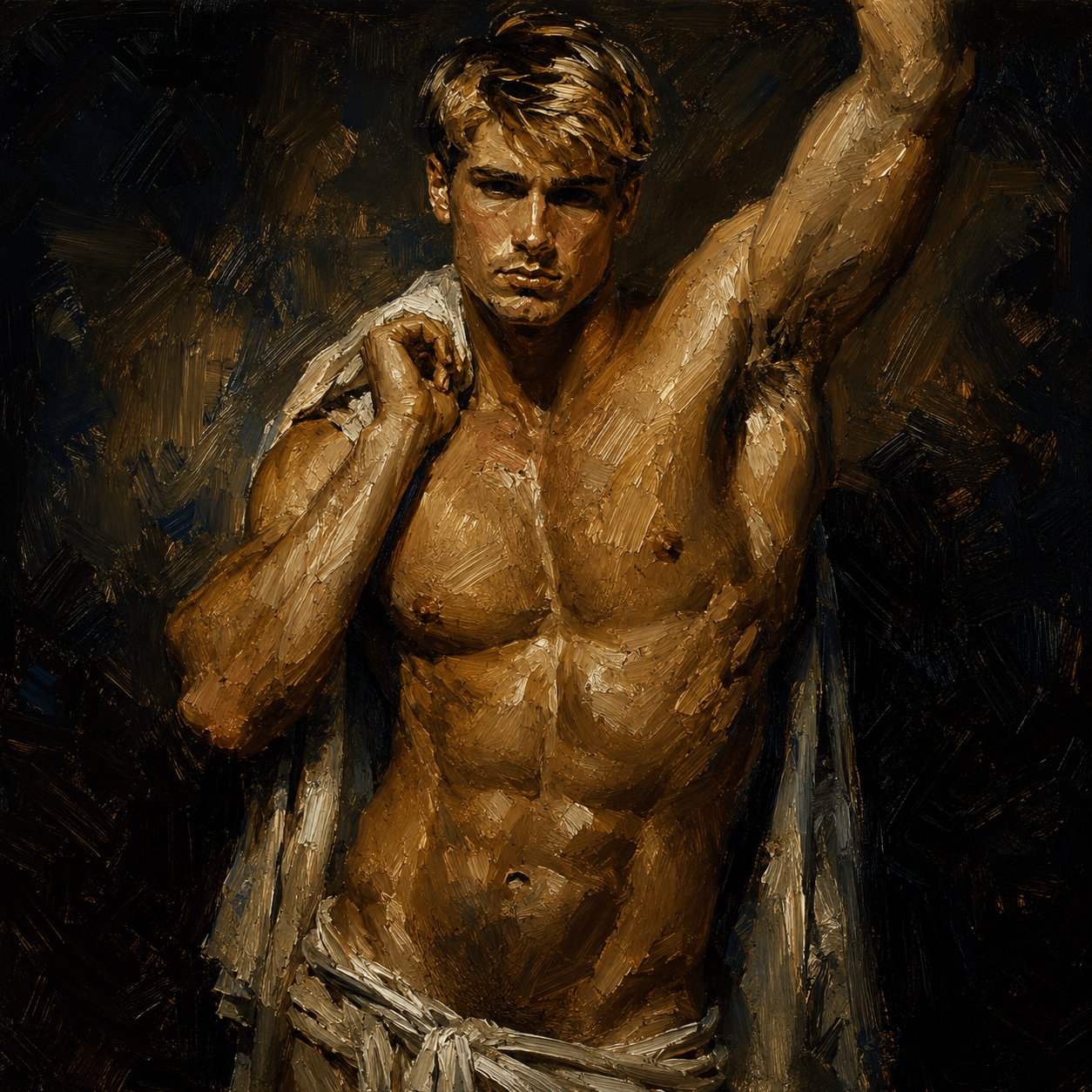 Portrait jeune homme blond musclé torse nu