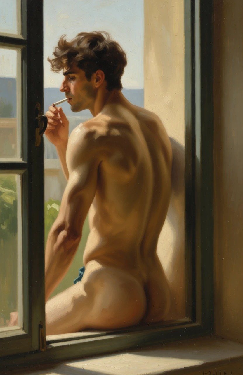 Portrait jeune homme nu à la fenêtre