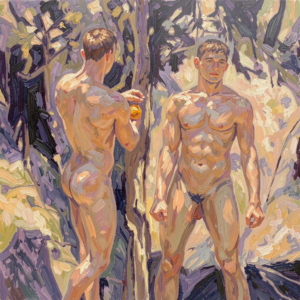 Portrait deux hommes nus dans un jardin