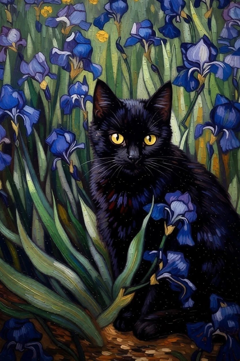 Peinture animalière chat noir au milieu d'iris bleu