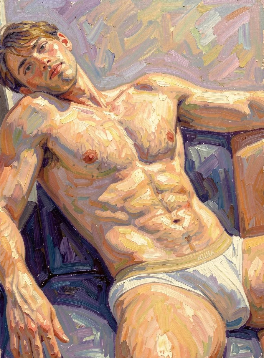 Portrait jeune homme nu en slip bien fourni