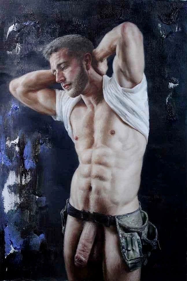 Portrait art scène érotique impressionnant homme nu huile sur toile signée