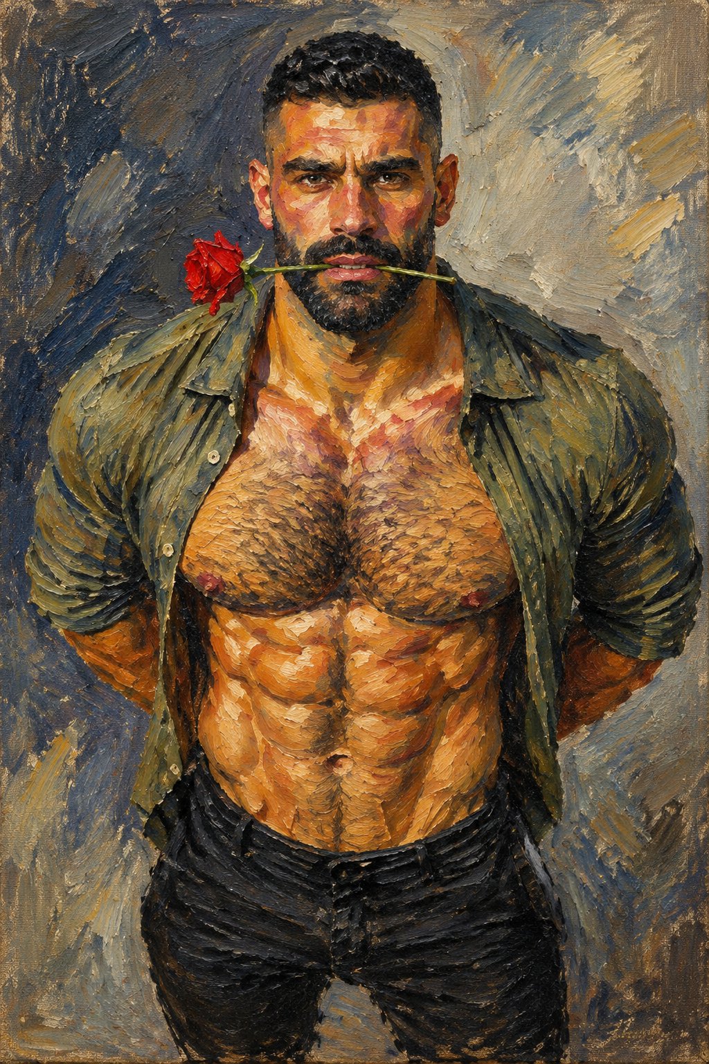 Portrait l'homme à la rose torse velu